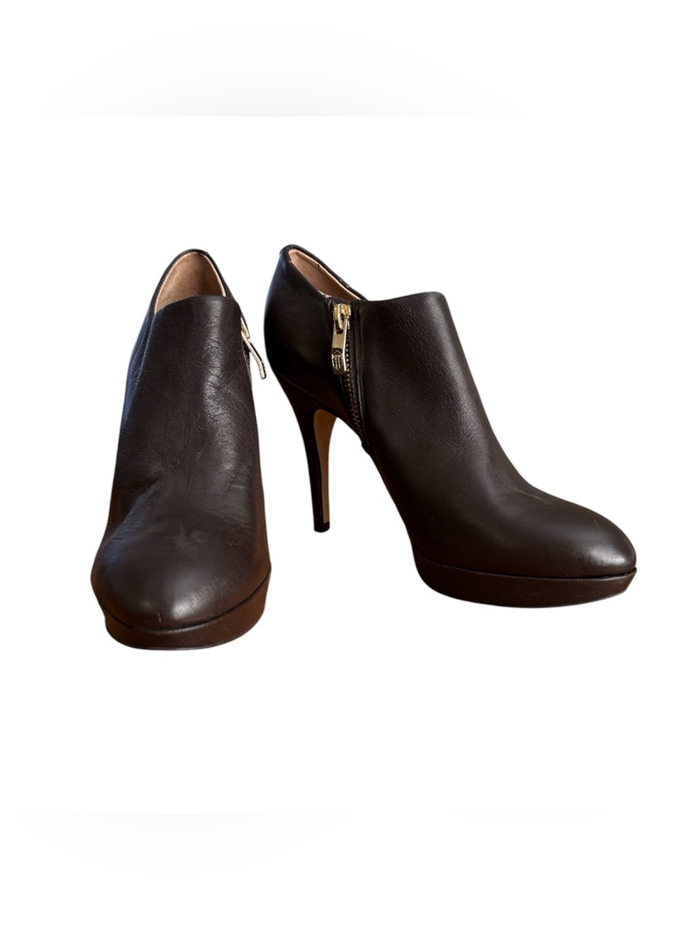 Vince Camuto Dark Brown Leather Platform Ankle Booties with Gold Zip